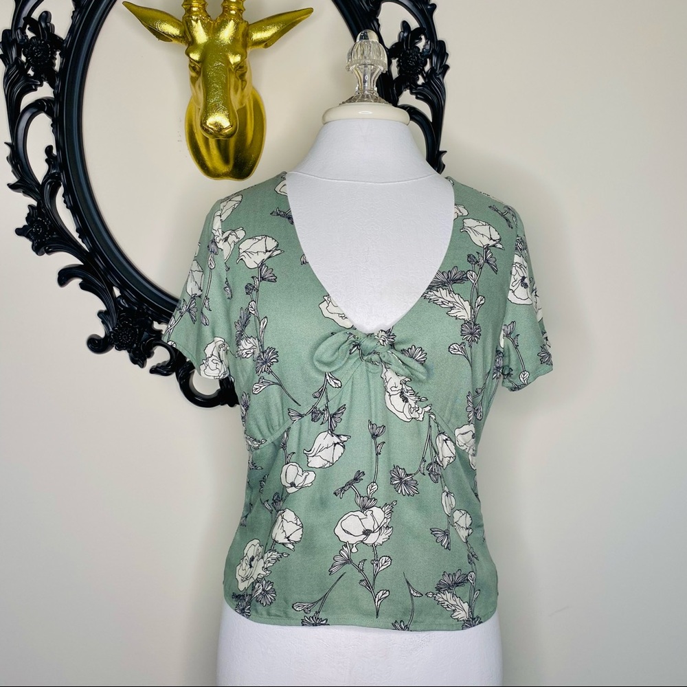 Others Follow Green, Black and White Floral Print Tie Blouse